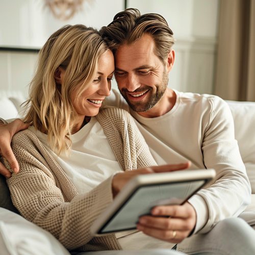 Couple compare et choisi agence immobiliere sur tablette - guide du vendeur RESIDE Immobilier
