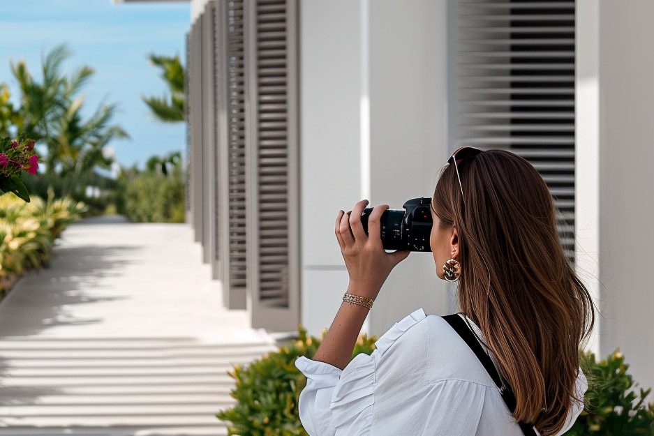 Jeune femme, agent immobilier, qui photographie une propriété avec un appareil photo reflex - guide du vendeur RESIDE Immobilier
