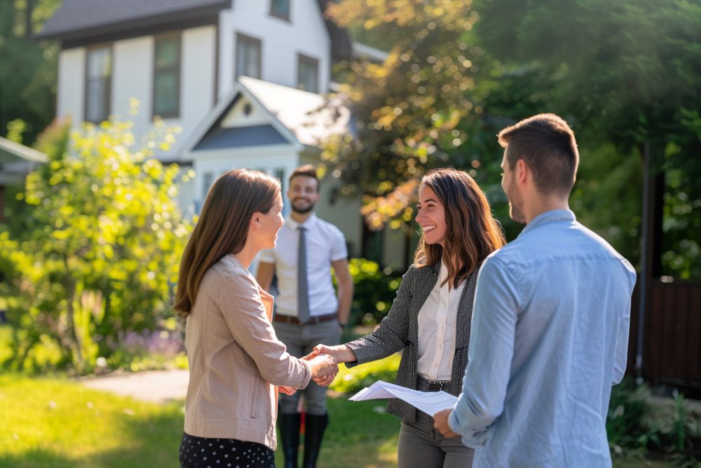 négociation couple et agent immobilier, poignée de main devant la maison - guide du vendeur RESIDE Immobilier