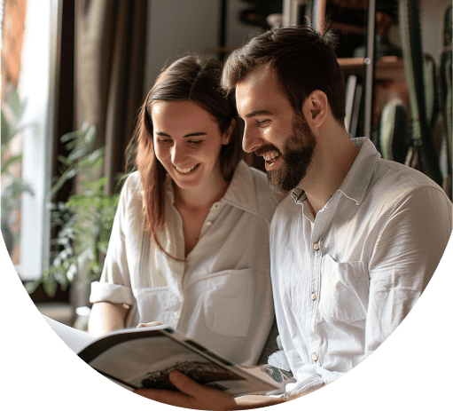 Couple qui consulte les conseils pour vendre un bien immobilier dans un magazine