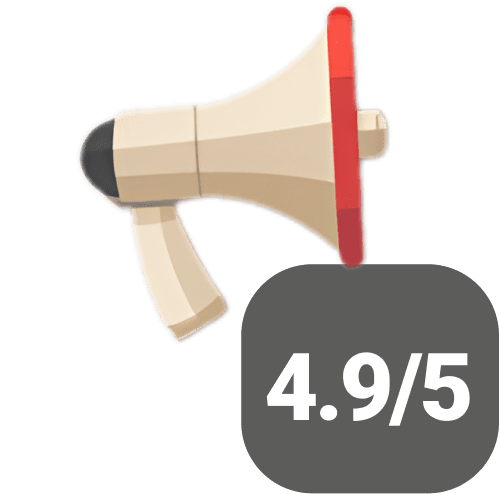 icone megaphone et note 4,9 satisfaction client RESIDE Immobilier